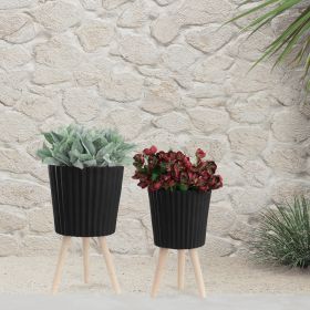 S/2 10/12" RIDGED PLANTER W/ WOOD LEGS, BLACK (KD)