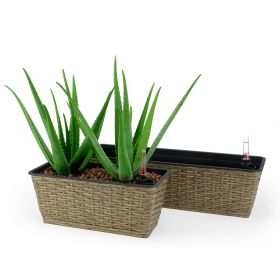 2-Pack Smart Self-watering Rectangle Planter for Indoor and Outdoor - Hand Woven Wicker - Brown